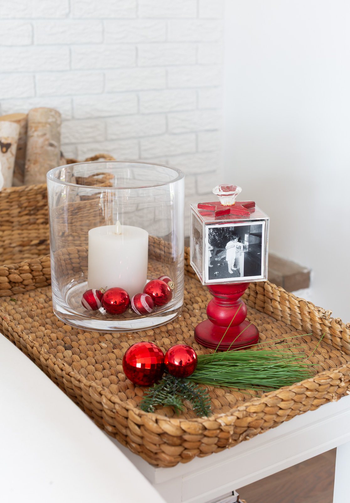 Side table simply decorated for the holidays