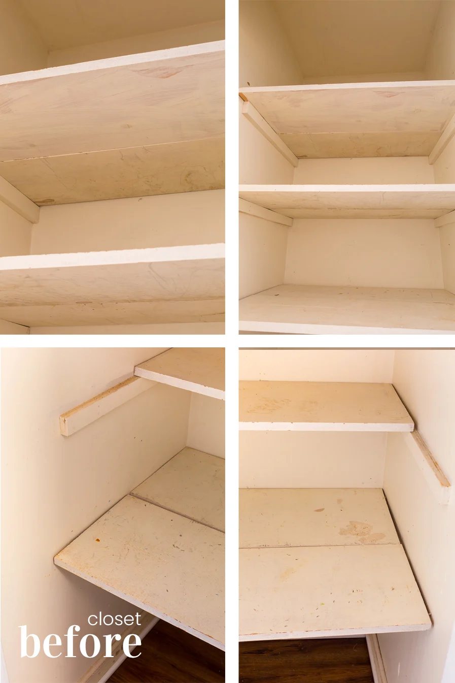 Before photos of a small hall closet getting prepared for a makeover using KILZ primer and paint.