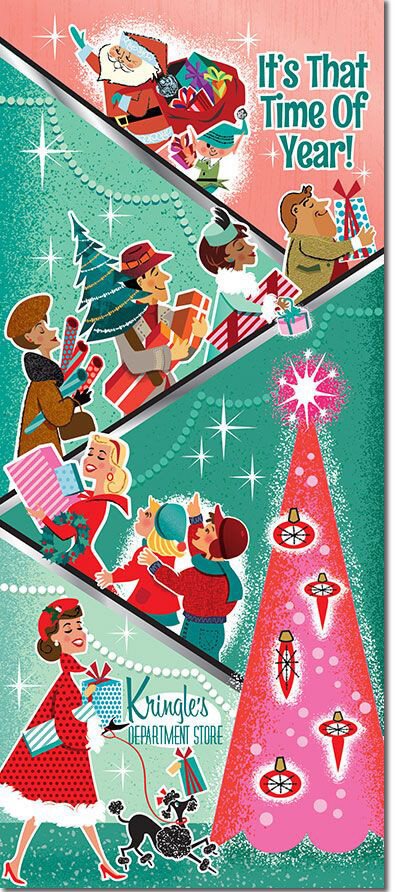 Vintage Christmas Card of shoppers
