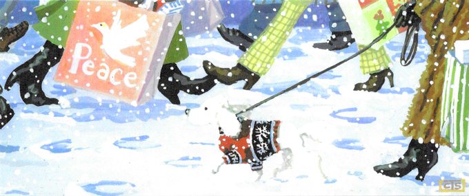 Illustration of Christmas shoppers shopping on snowy city street