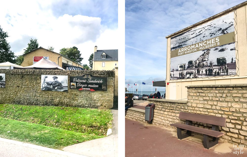 Photos of WW II GI's from 1945 on walls in current day Normandy France
