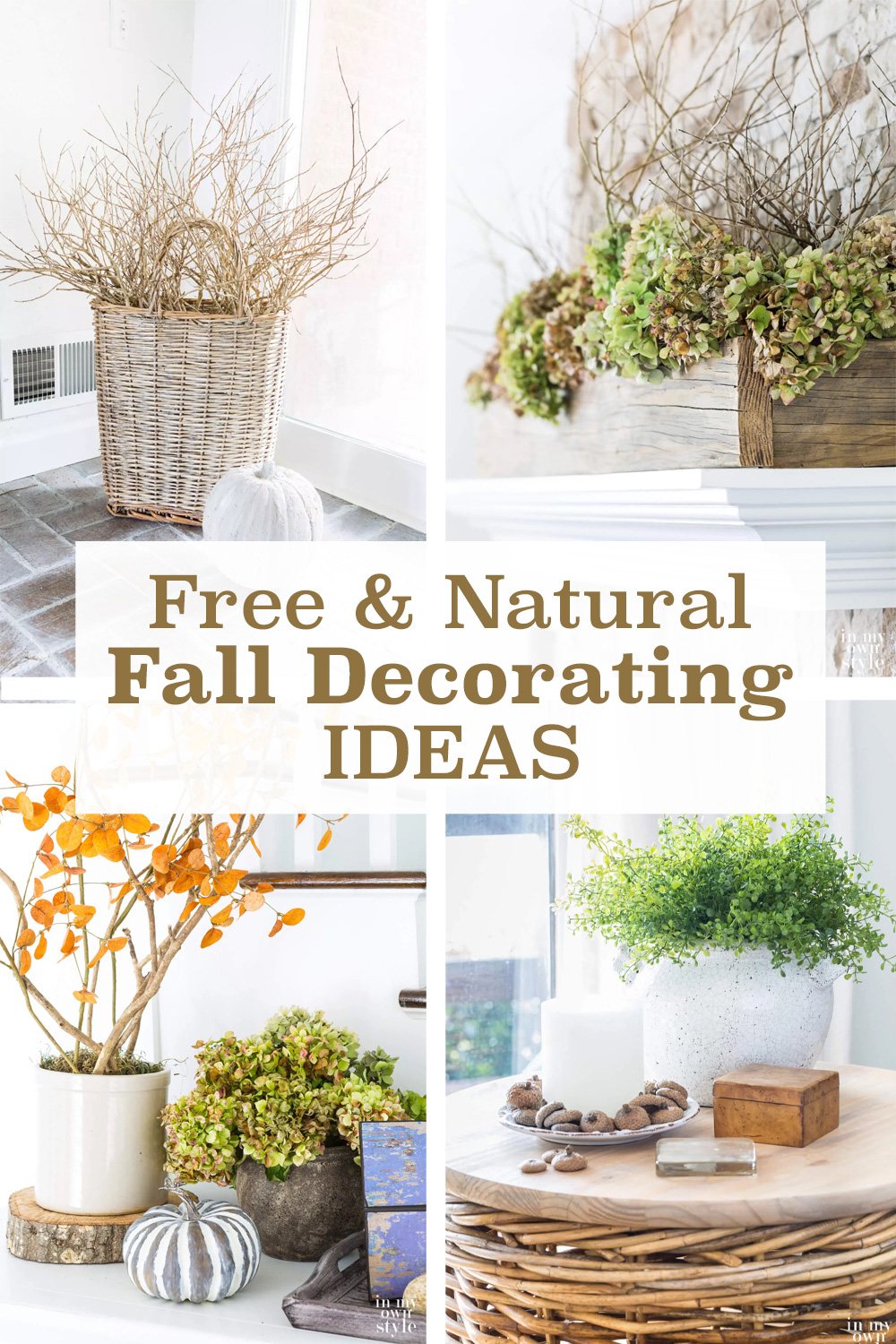 4 fall decorating projects that are from nature. Text says Free & Natural Fall Decorating Ideas