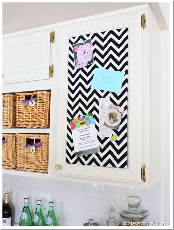 Completed Memo board attached to the front of a kitchen cabinet.