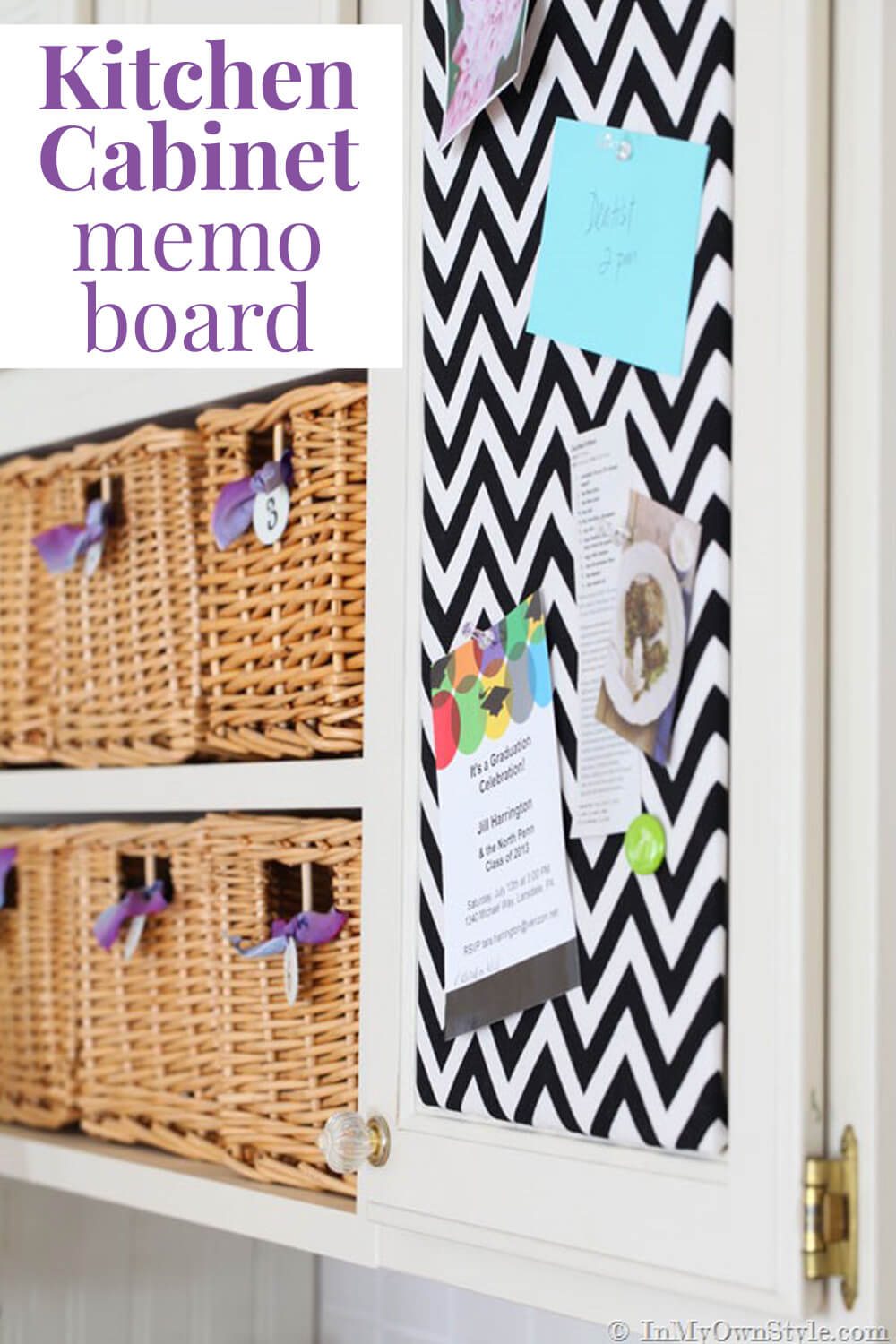 Pretty fabric covered kitchen message board that is attached to a the outside of a kitchen cabinet door. Text overlay says Kitchen Cabinet Memo Board.