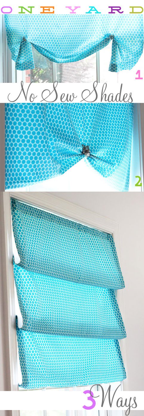 Turquoise and white no-sew window treatment shade that can be styled in different ways