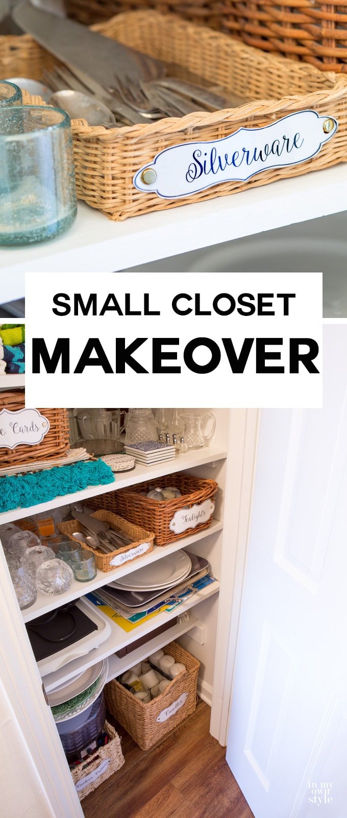 Affordable tips to help you make the most of a small closet. I made this coat closet into my china closet. Check out how to use small baskets to help you stay organized, plus free printable labels to download and make to label your stuff.