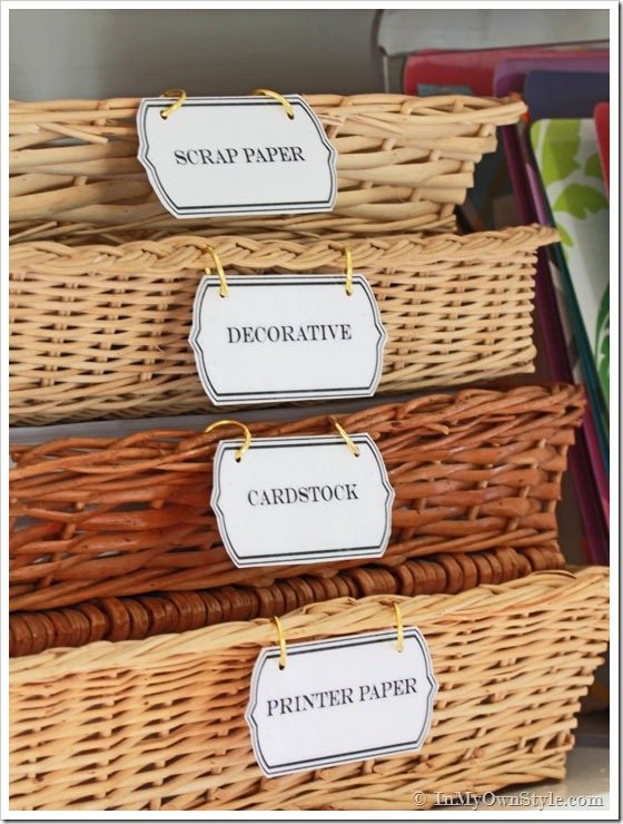 Home Office Paper Storage Idea for printer paper storage using baskets and stacking them. Then adding labels.