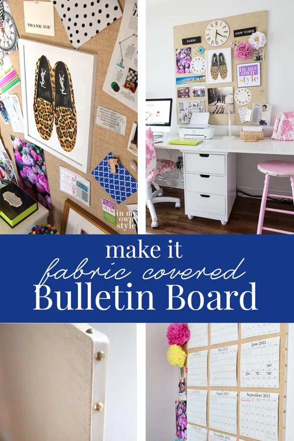 Home office photos showing DIY fabric covered bulletin board on wall.