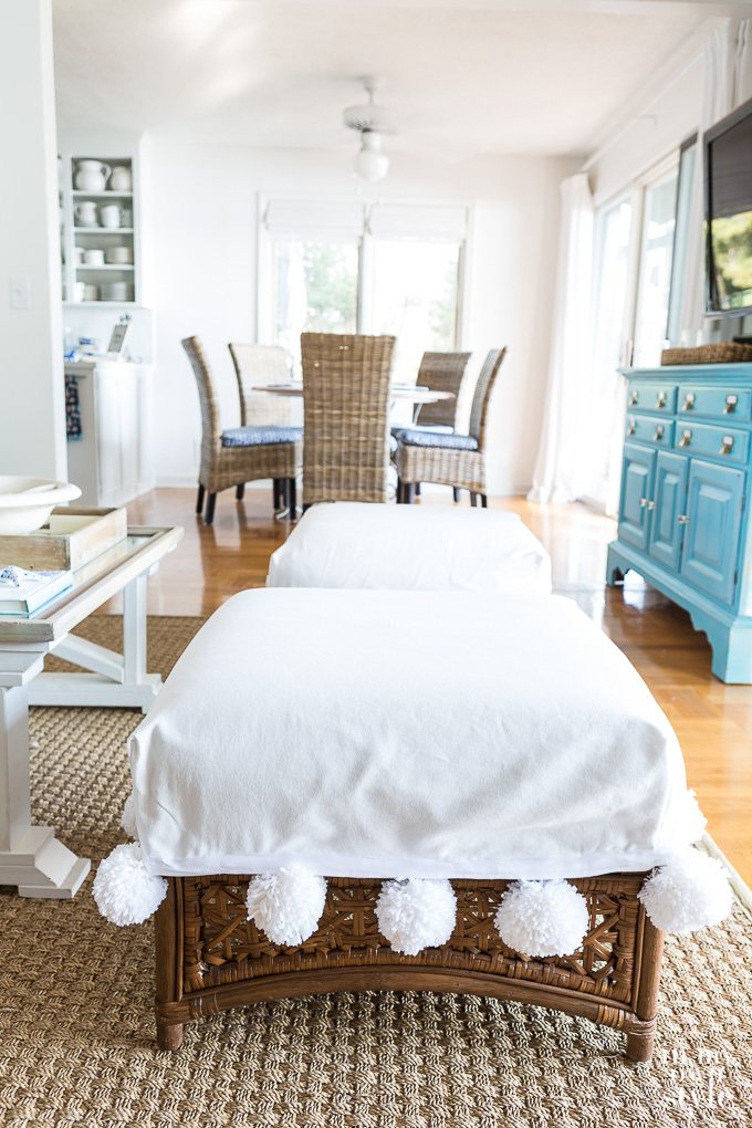 Coastal Ottoman Slipcover with Removable Large Pom Pom Trim