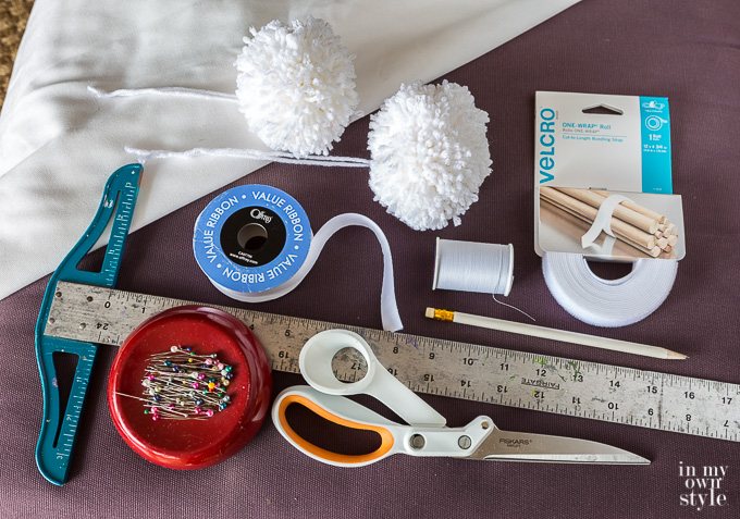Supplies needed to make a Pom Pom Trimmed Ottoman Cover