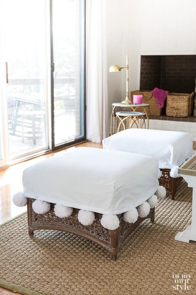 Ottoman Slipcover with Removable Large Pom Pom Trim
