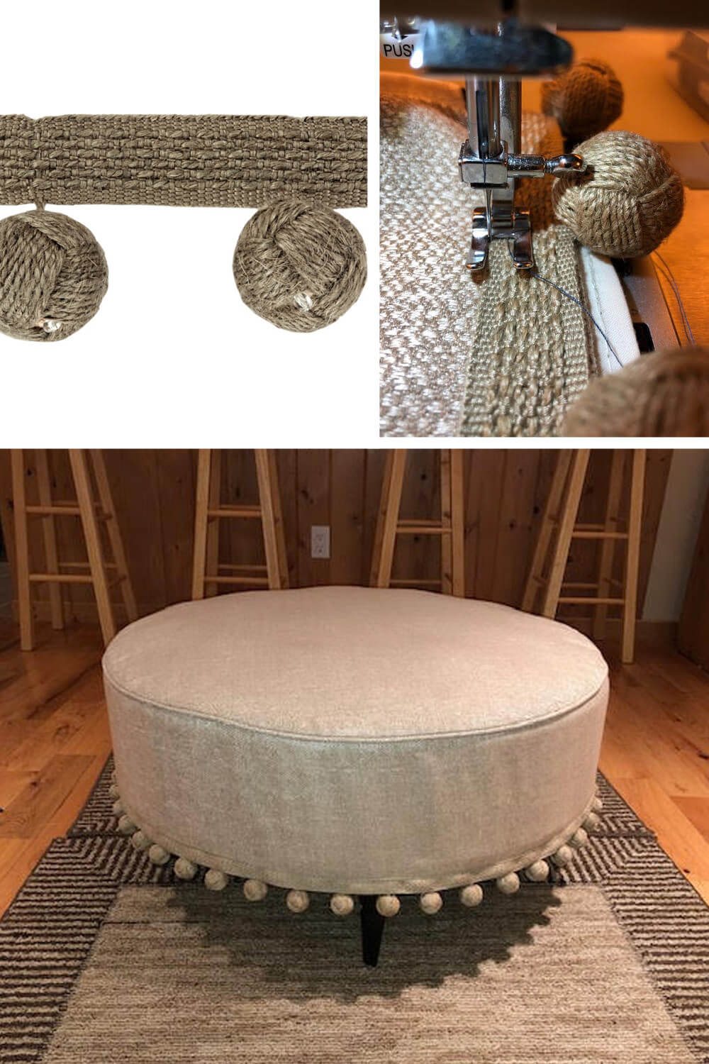 How to make a jute pom pom trimmed cover for an ottoman. Round ottoman with jute trimmed pom poms around a linen cover.
