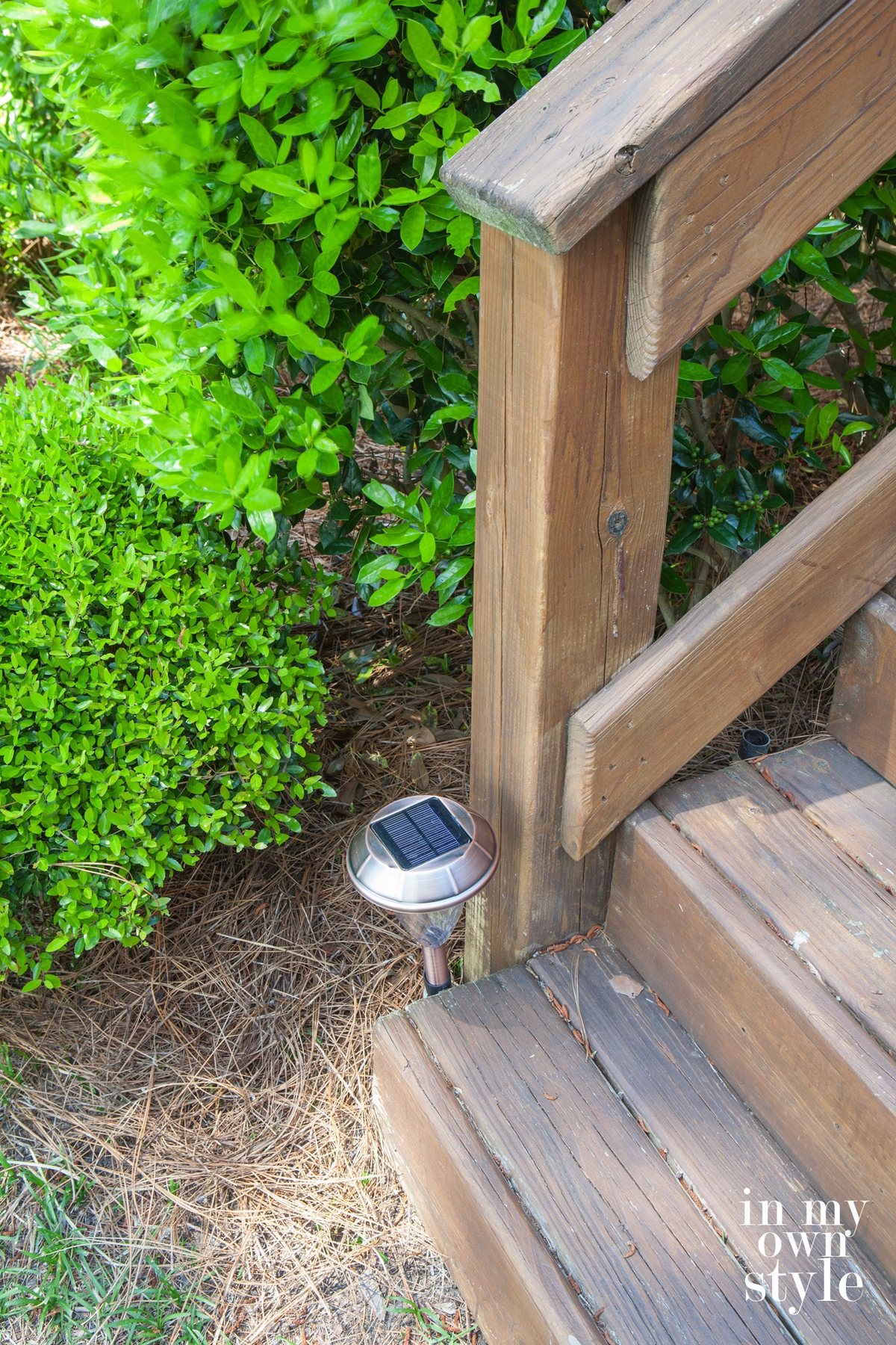Solar light at bottom of deck stairs. No electricity outdoor deck lighting