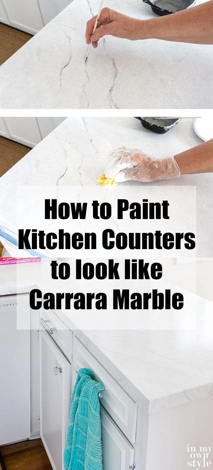 Kitchen countertop painting to look like white Carrara marble. Giani Countertop painting kit review.