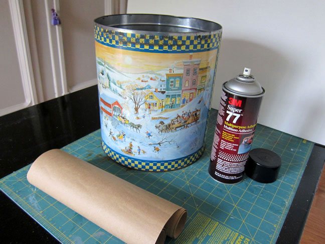 Supplies-needed to make pet food storage containers out of popcorn tins