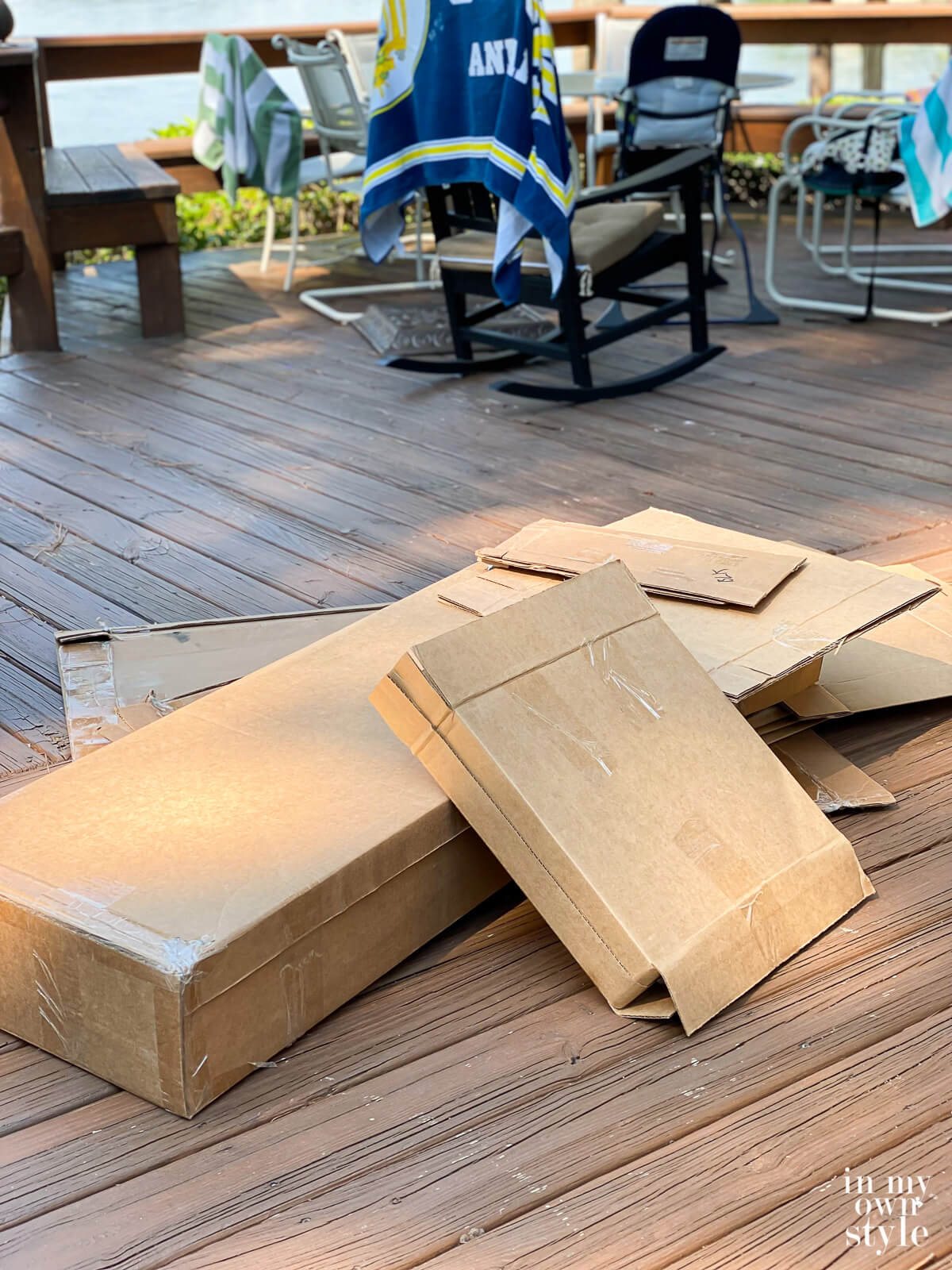 Empty shipping boxes that POLYWOOD furniture was delivered in.