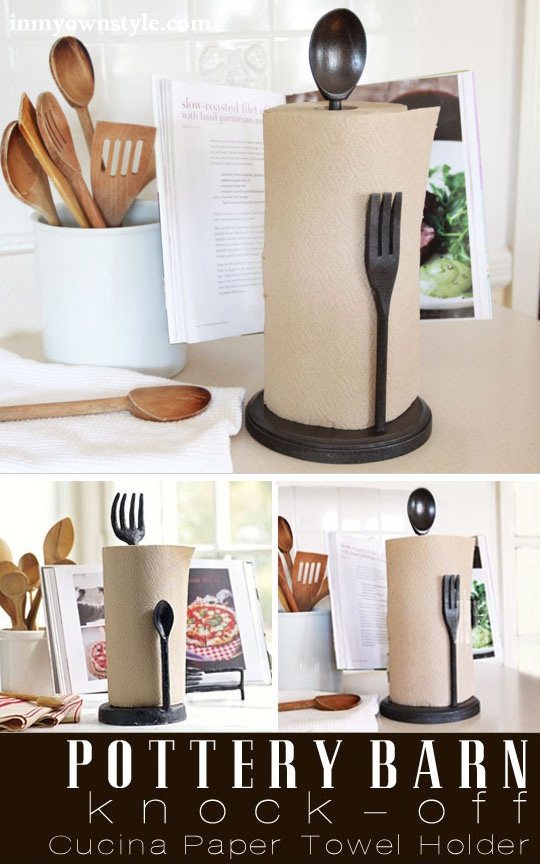 What can be made using wooden spoons used to cook with besides food? If you need a clever gift to make for a new homeowner or even for your own kitchen? This Pottery Barn knock-off kitchen paper towel holder is easy to DIY and a fun wood working project. | Oducu