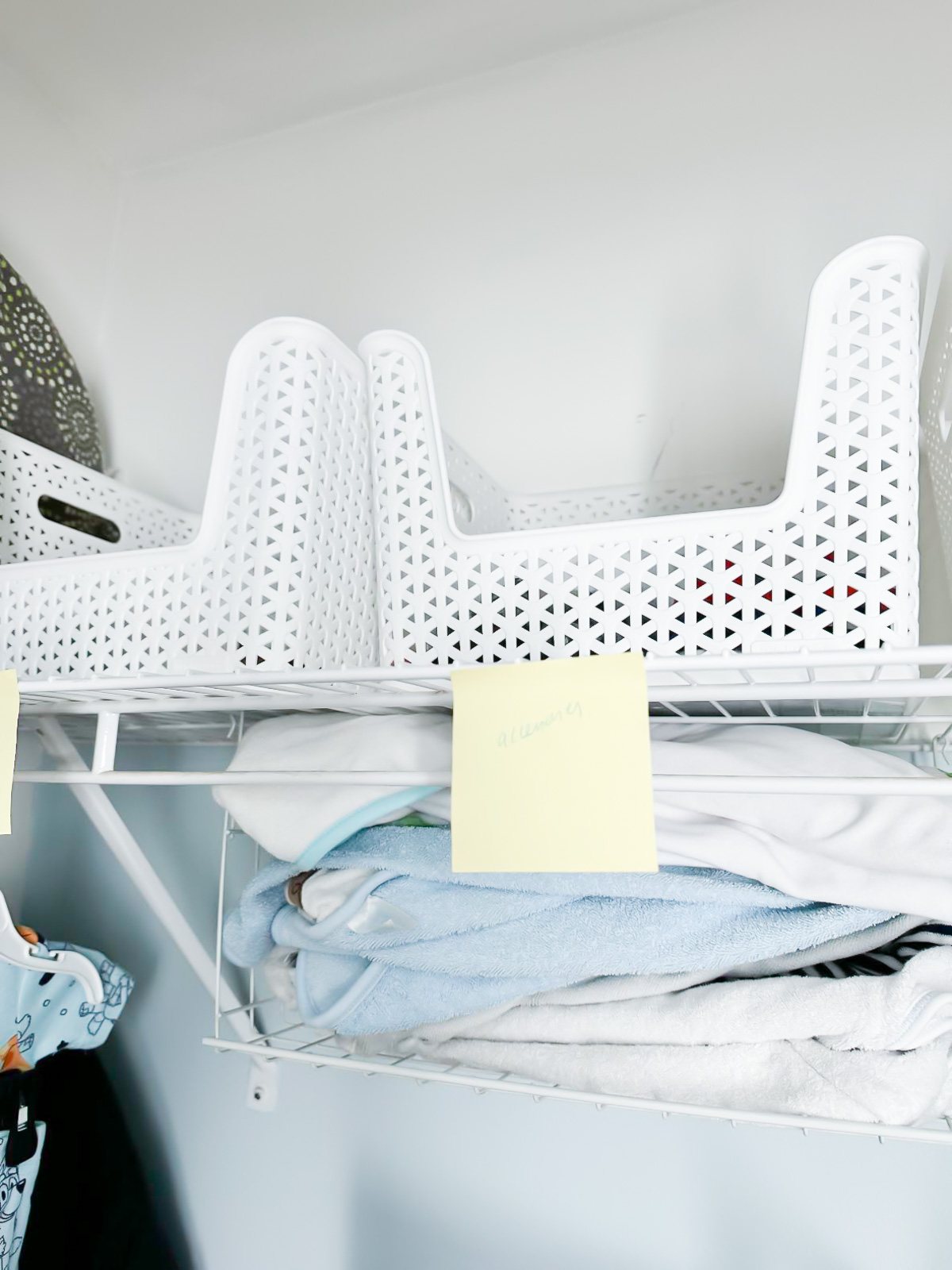 Baby Nursery Labels for Storage Baskets on a closet shelf