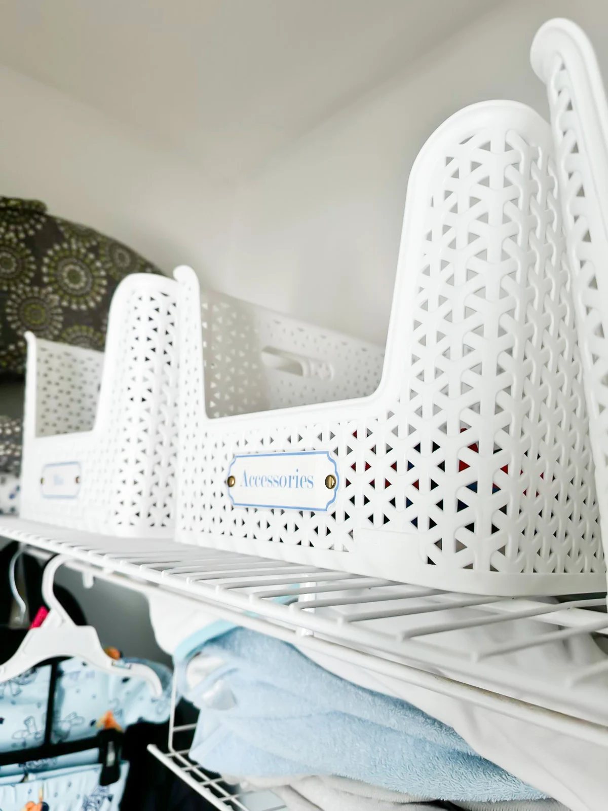 Baby Nursery Labels for Storage Baskets on a closet shelf.