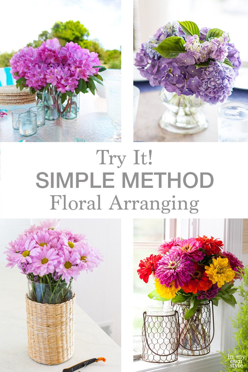 4 floral arrangements shown that were arranged using the simple method of flower arranging.