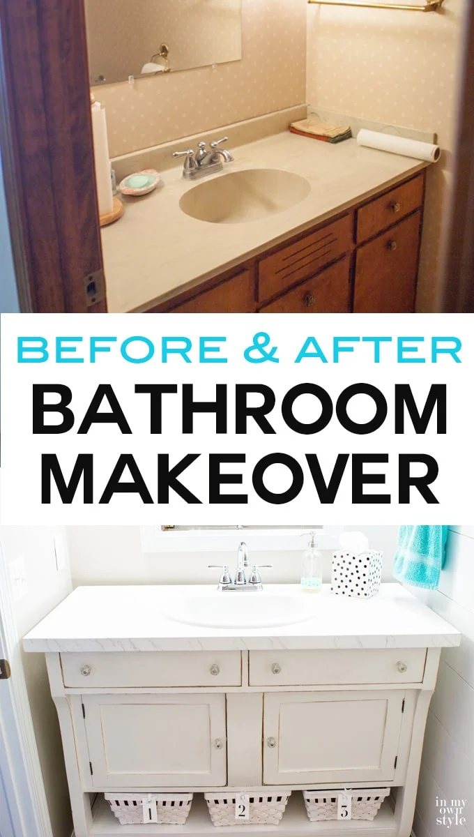 Another Before and after bathroom makeover done on a small budget. New flooring, sink, toilet and more. The real money saver was repurposing a piece of furniture into a stylish and chic sink vanity.