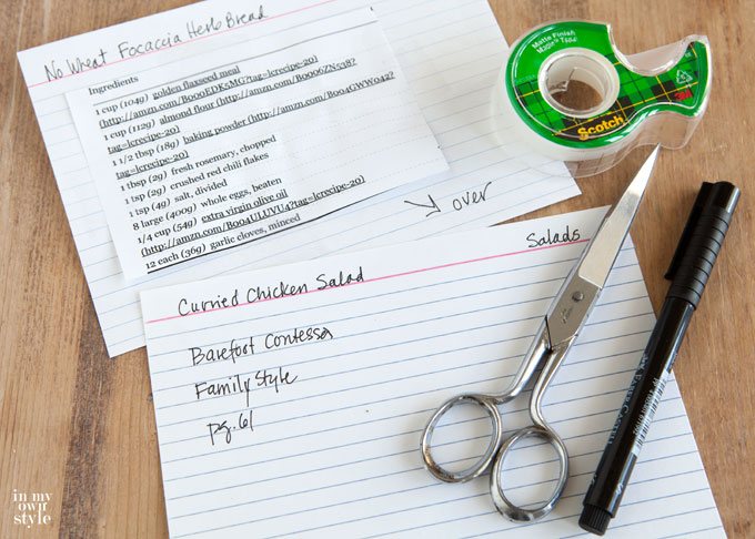 cookbook-and-recipe-card organizing supplies on table
