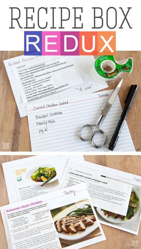 Recipe cards and box on wood table. Graphic overlay that says Recipe Box Redux.
