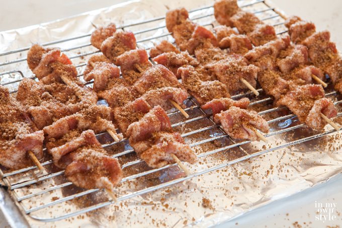 Spicy Bacon Skewers on foil rack