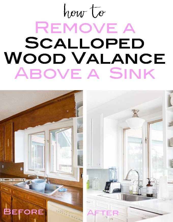 How to remove the dated scalloped wood valance above a kitchen sink.