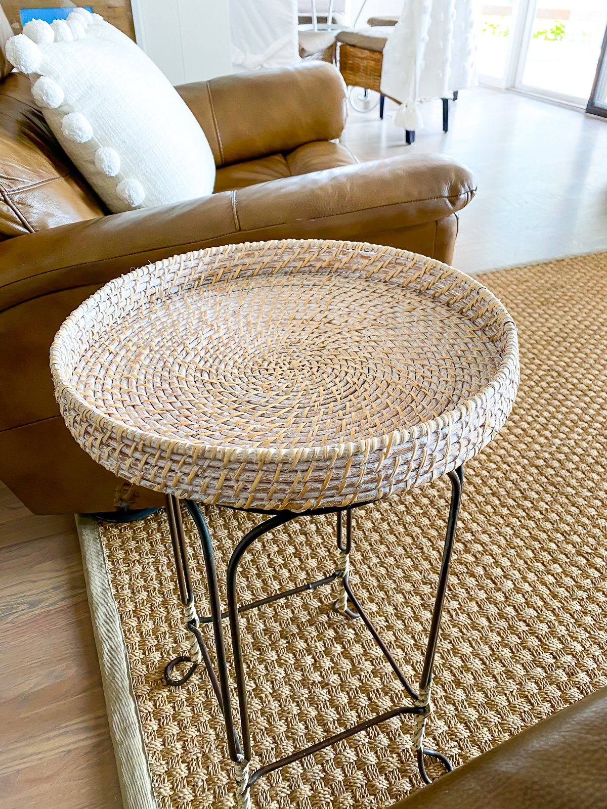 Looking down at a completed repurposed bar stool into a side table.