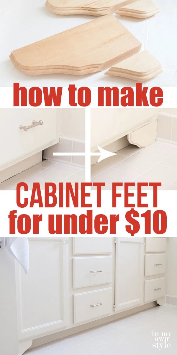 How to make DIY decorative wood feet for bathroom or kitchen cabinets using inexpensive pine corbels or shelf brackets. Affordable DIY home improvement project | Oducu