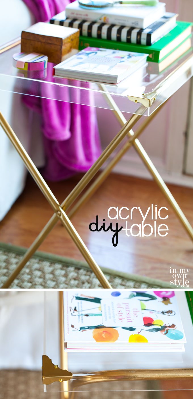 Chic side table made using an acrylic box frame. Easy DIY that can be done in minutes. Table can be permanent or a temporary addition to a room for entertaining when more table surfaces are needed. #DIYtable #tabledecor #repurposedfurniture #repurposedframes #chicdecor