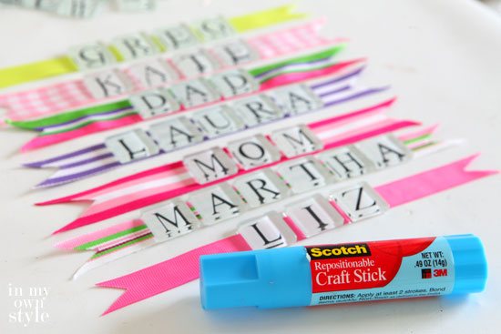 Decorating-with-ribbon-scraps to make place cards