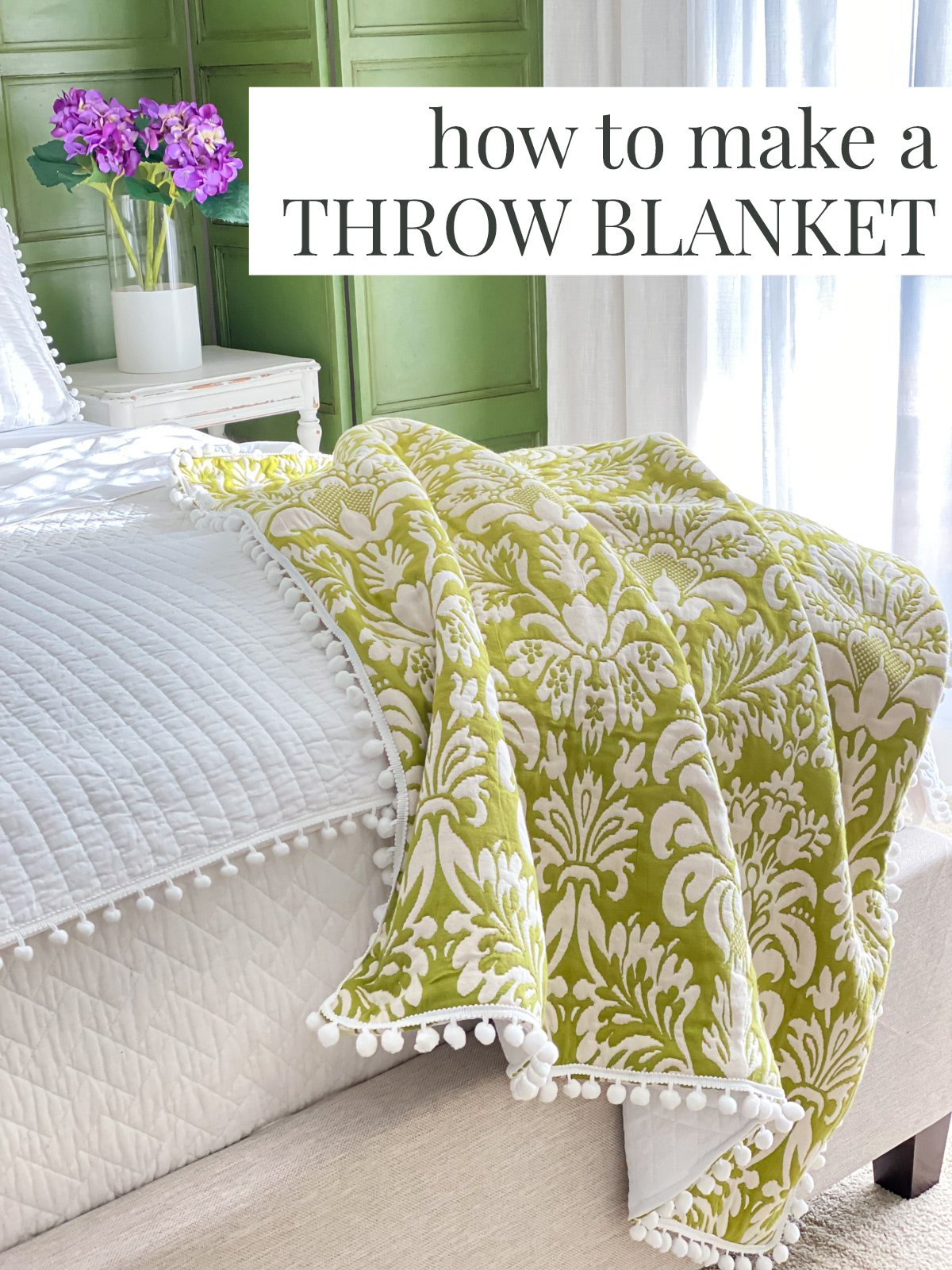Green and white pom-pom trimmed throw draped over the end of a bed. Text overlay says - how to make a throw blanket