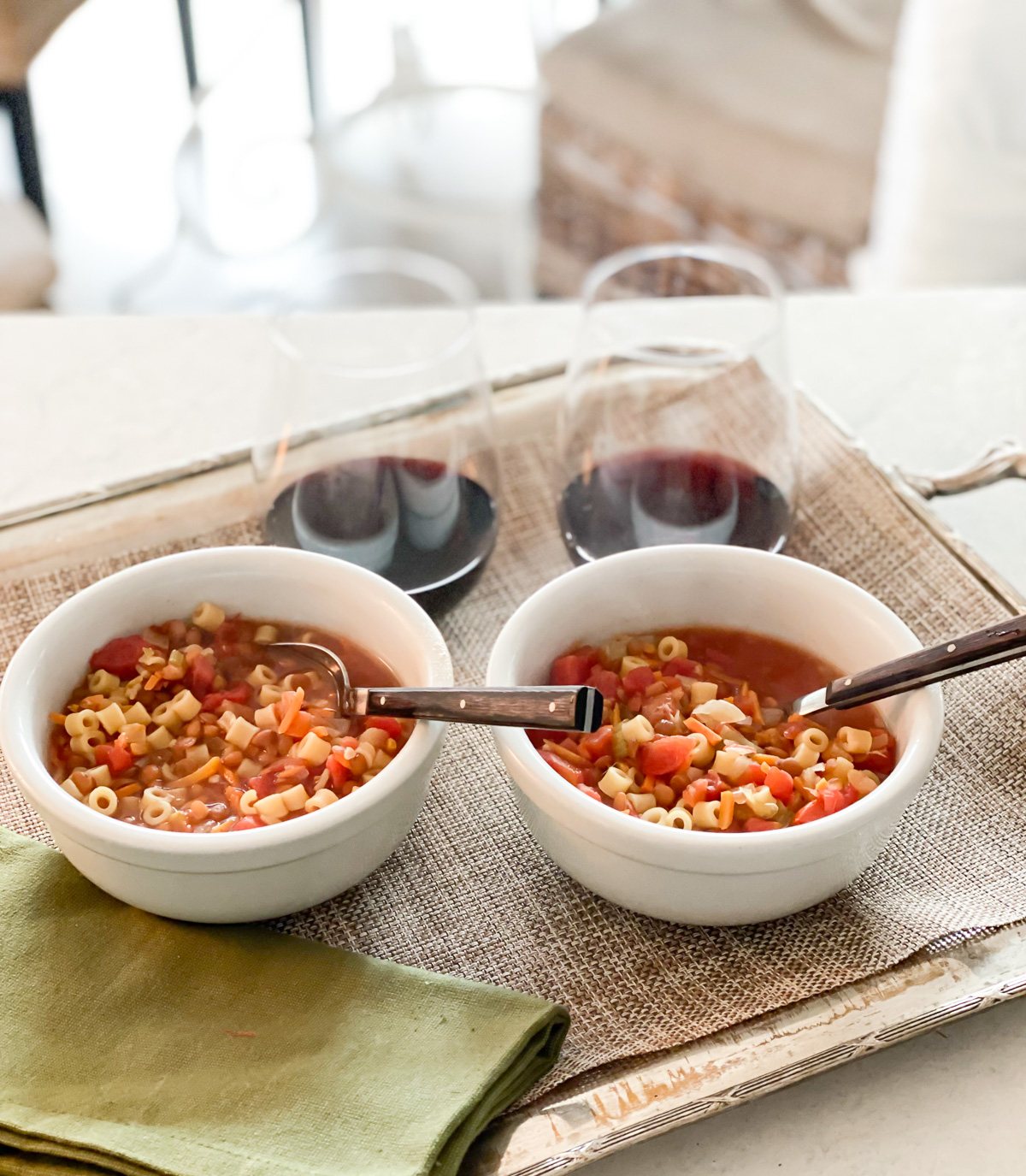 2 bowls of Rustic Tomato Soup on a serving tray.