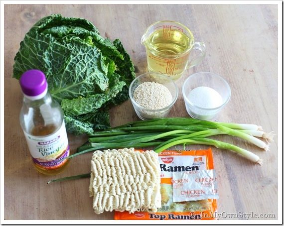Savoy-Cabbage-Salad-Ingredients on counter.