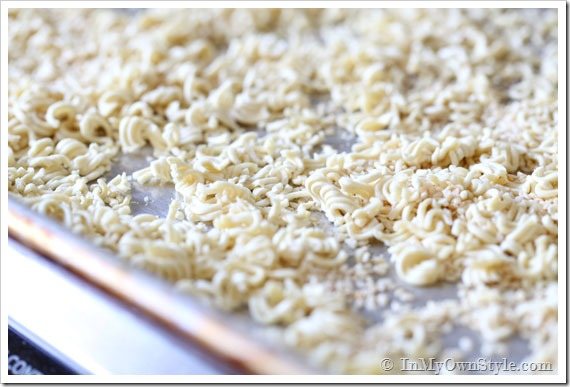 Ramen-Noodles broken up on cooking sheet.