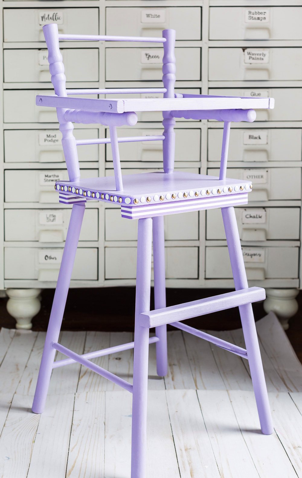Second hand furniture makeover. Lavender painted high chair using Country Chic paint