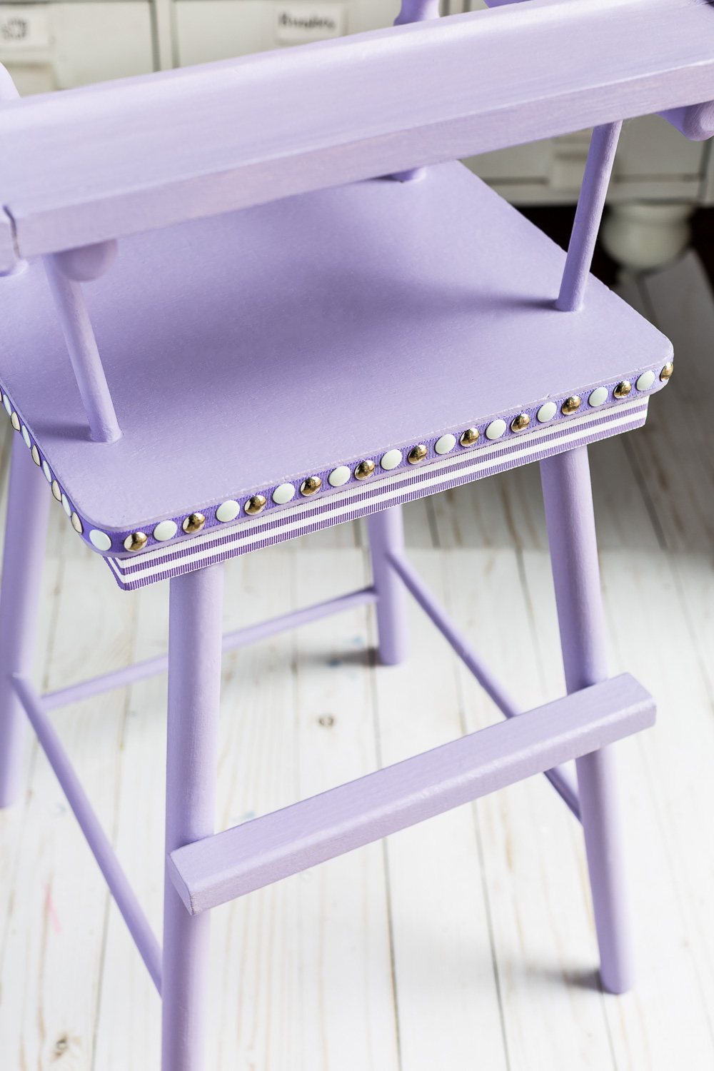 Close up shot of Lavender painted high chair using Country Chic paint