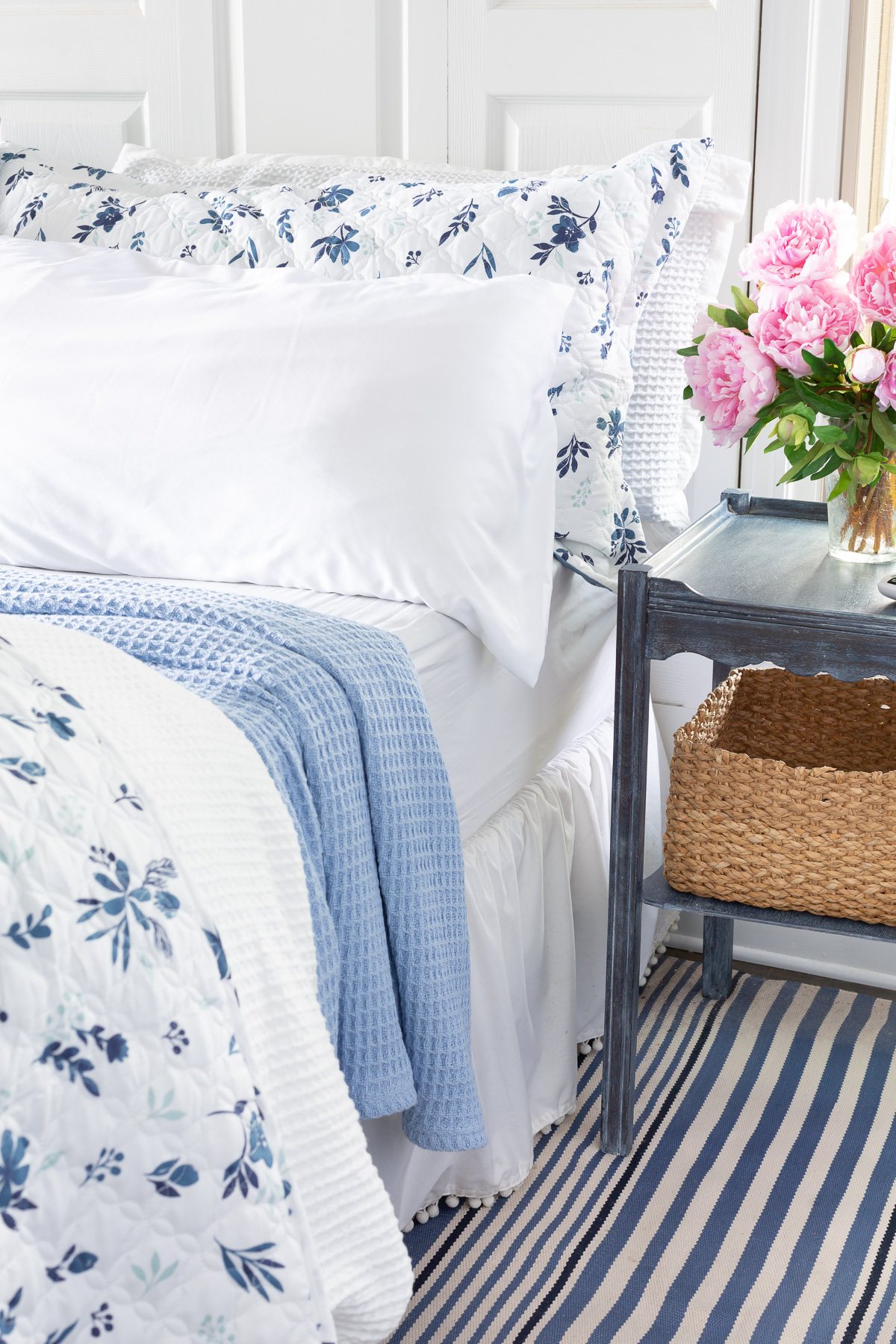 master bedroom blue and white decor
