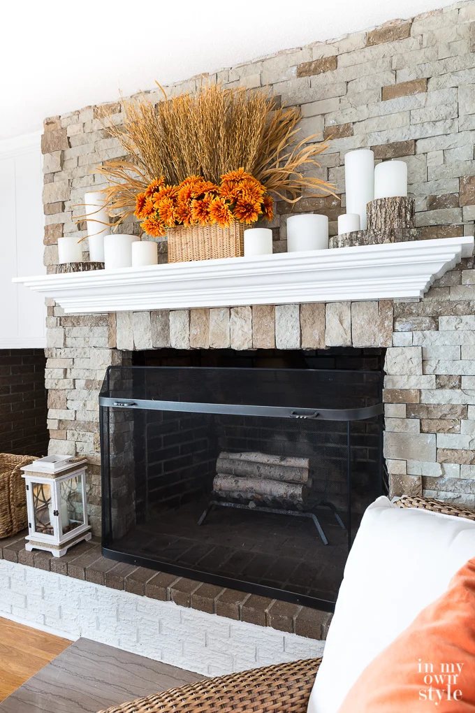 Fall mantel decorating idea using candles