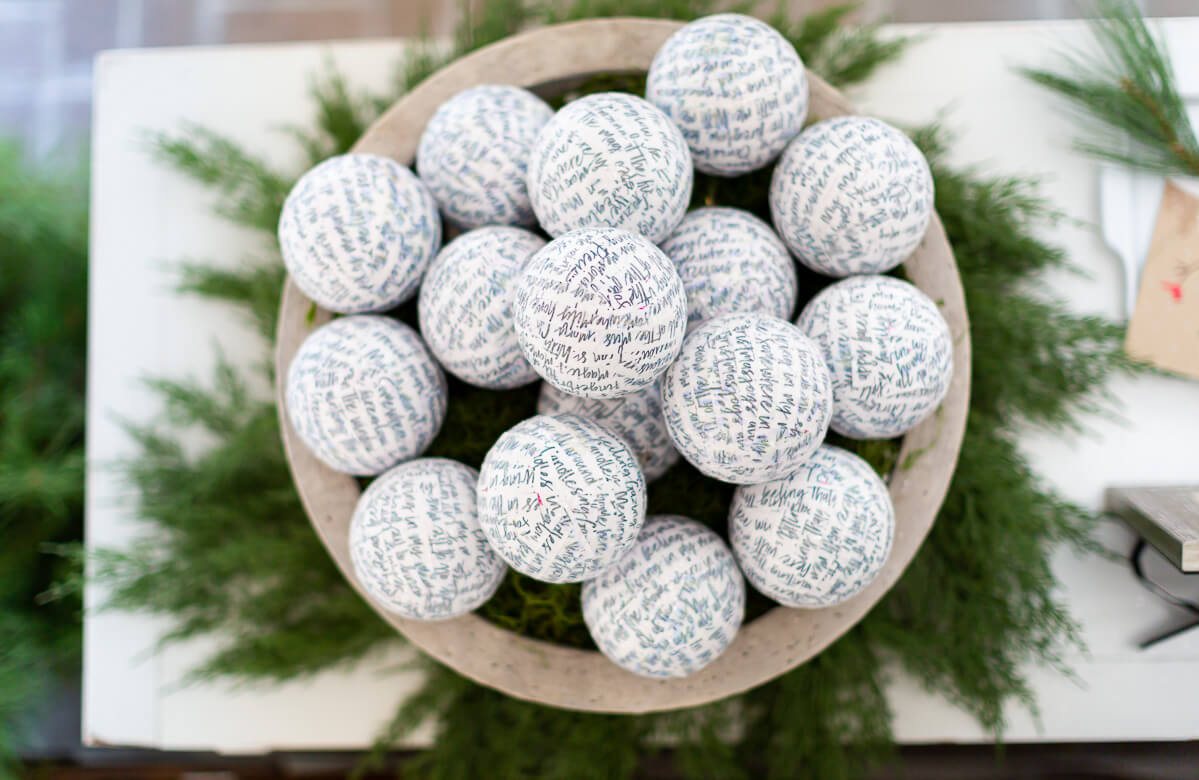 Looking down into large bowl filled with ball ornaments covered in script paper.