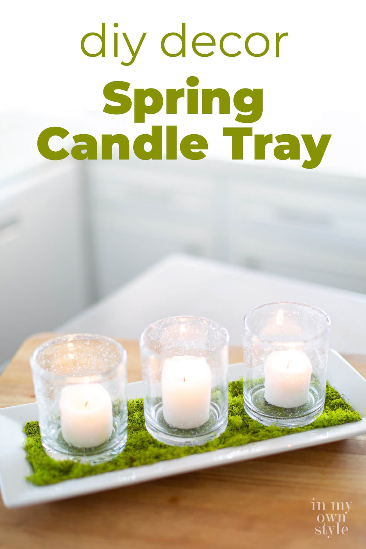 Candle centerpiece for tables. Text overlay says: DIY Decor Spring Candle Tray