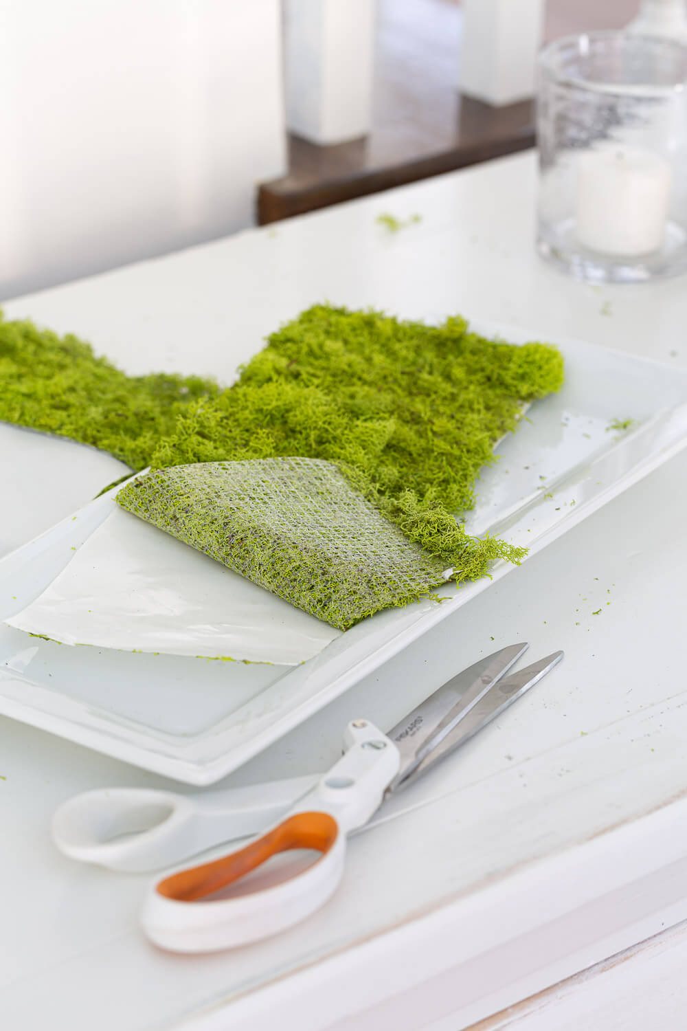 Attaching sticky sheet moss to create tray.