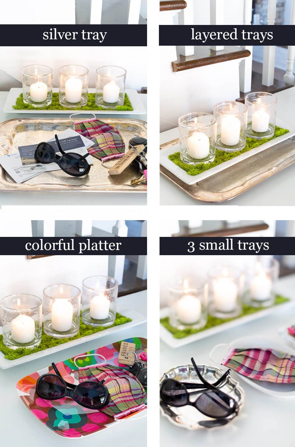 4 ways to use trays on an entryway table
