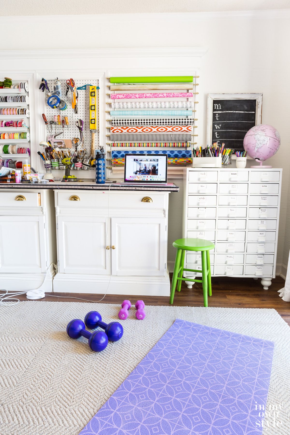 Workout gear on floor of craft room I call my studioffice.