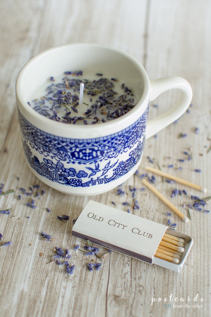 DIY candle in blue and white coffee cup