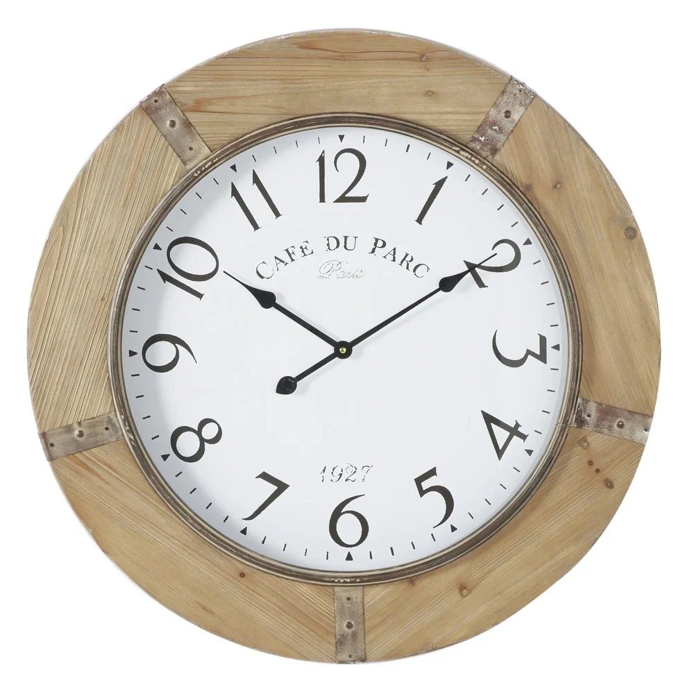 Round-Rustic-Wall-Clock-w-Solid-Wood-Frame-and-Decorative-Design