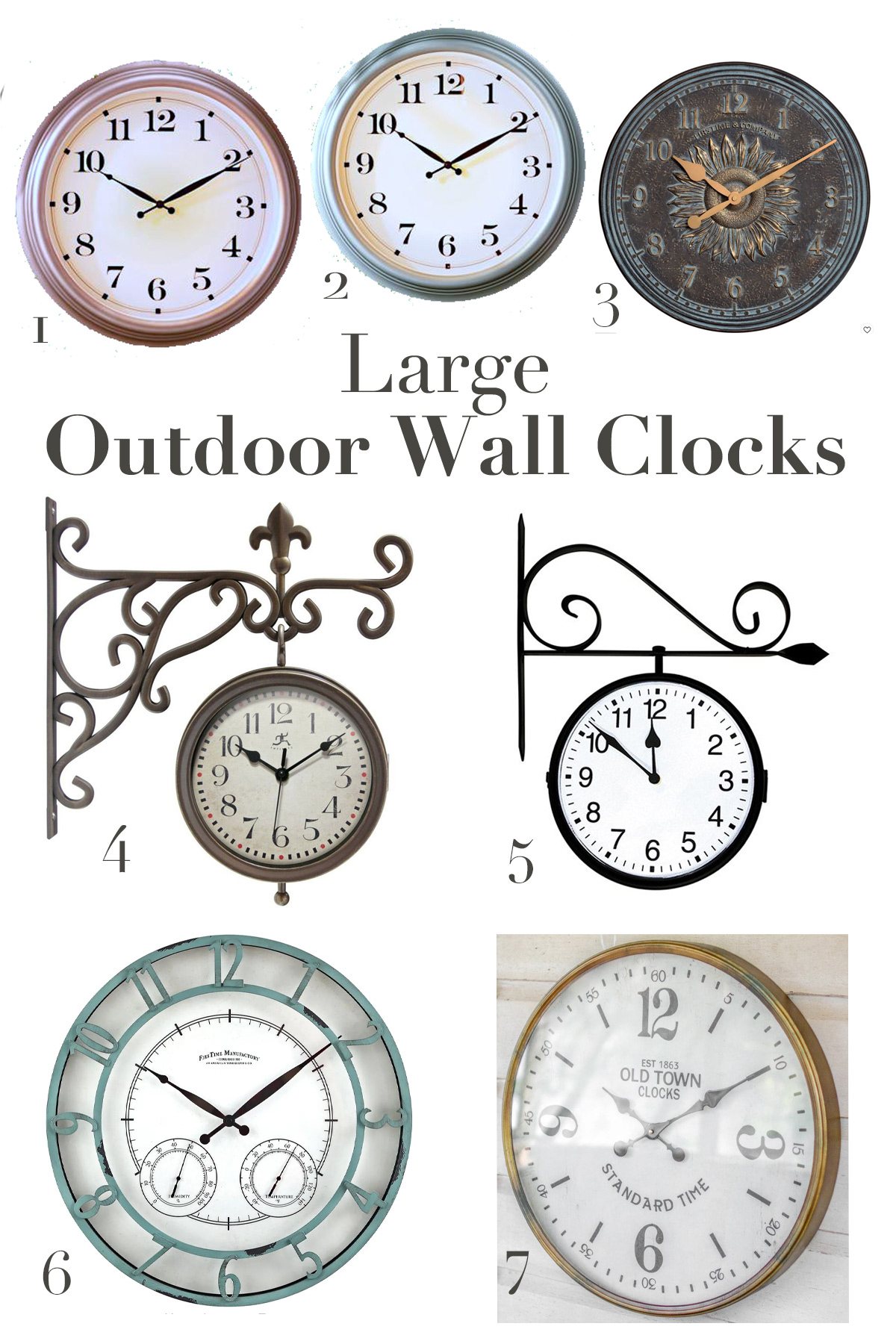 Photo to 7 clocks to buy. Text says: Large Outdoor Wall Clocks.