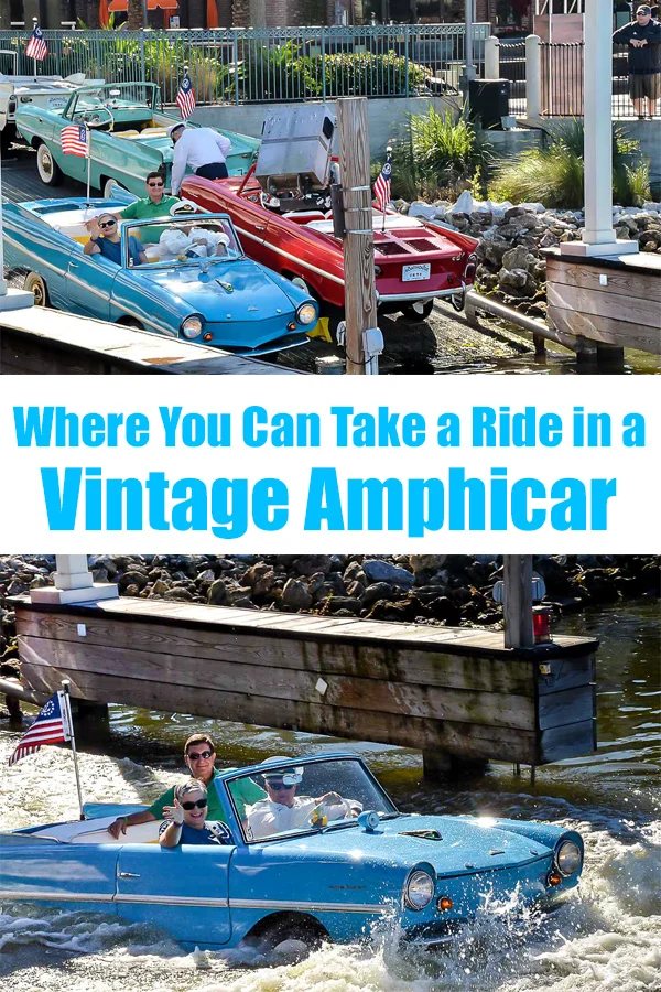 Getting to ride in a vintage Amphicar at The Boathouse Restaurant at Disney Springs that is part of Disney World in Orlando Florida. #Disney #DisneySprings #ThingstodoatDisney #vintagecars #amphicars